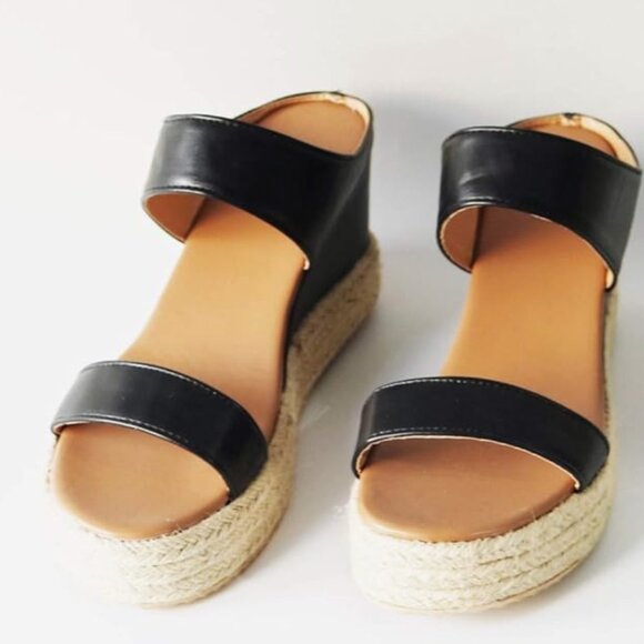 NEW Women Wedge Sandals Shoes Beach Casual Toe Slip-On Summer Open Straw Wedges - Picture 4 of 5